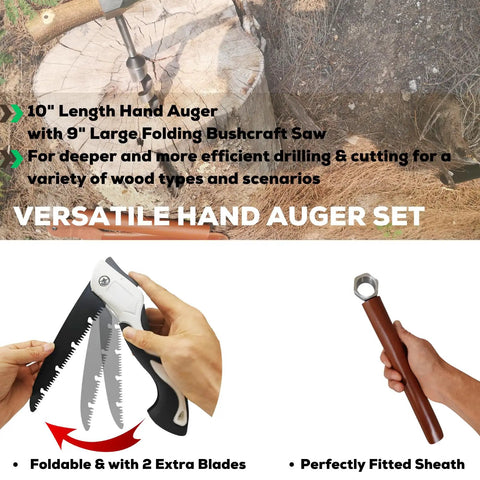 Heavy Duty Hand Auger Wood Drill for Bushcraft and Camping with Beefed Up Welds Hex Head, Sharp Scottish Eye, and accessories