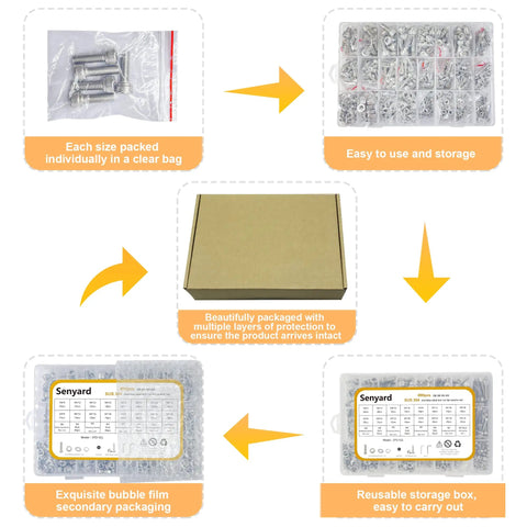 DIY Ready 890 Piece Metric Screw Set With M3 M4 M5 M6 Bolts, Nuts, Washers, 304 Stainless Steel Kit Packaged in Bubble Wrap and Storage Box