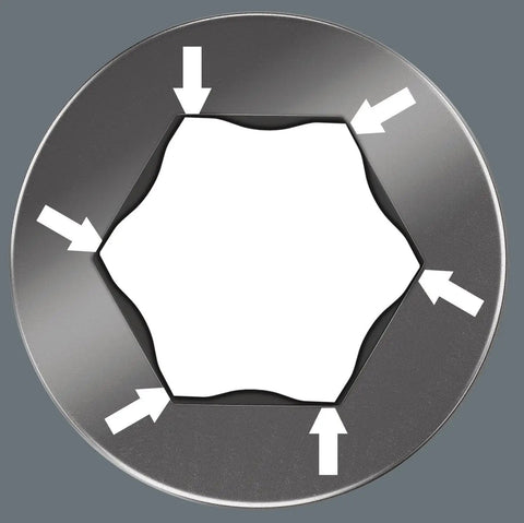 Close-up of hexagonal opening showcasing Hex Plus Technology for Sheet Metal Bit Set With Rapidaptor Bit Holder And Six Hex Plus Bits