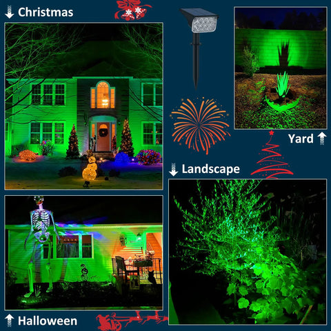Green Solar Landscape Spotlights 4 Pack With 20 LED Beams Waterproof IP65 Outdoor Uplights illuminating house for Christmas and Halloween.