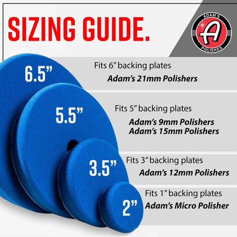 Sizing guide for 2 Inch Blue Compound Pad For Polishing And Paint Correction With Thick Closed Cell Foam on various polisher sizes
