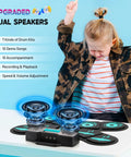 Child using 9 Pad Electronic Drum Set With Dual Speakers Portable MIDI Practice Kit for Beginners, shown with upgraded dual speakers