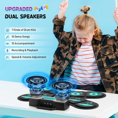 Child using 9 Pad Electronic Drum Set With Dual Speakers Portable MIDI Practice Kit for Beginners, shown with upgraded dual speakers