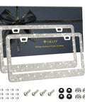 Two Pack White Bling License Plate Frames Sparkly Diamond Car Plate Holder Universal Six By Twelve Inches Fits All US Standard Sizes Includes Screw Caps Screws And Washers Sweet Gift For Men And Women in gift box with accessories.