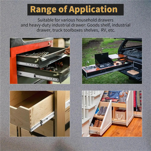 Heavy Duty Locking Drawer Slides 260 Lb Capacity With Full Extension 3 Fold, Smooth Silent Operation, Rust Resistant Finish, Steel Construction With Ball Bearing Rollers, Perfect For Cabinets, Tool Chests And Furniture used in drawer, truck, RV and cabinet applications