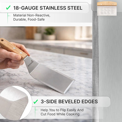 Heavy Duty Griddle Spatula Set With Stainless Steel Spatulas And Griddle Scraper Commercial Grade Kitchen Tools For Grill Masters And Home Cooks Durable Handles With Triple Rivets, showing stainless spatula on marble counter