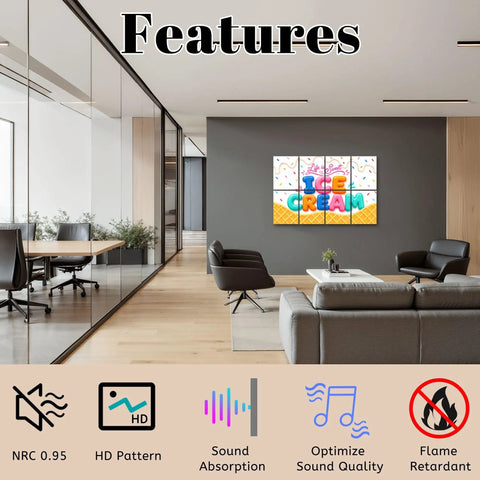 8 Pack Self Adhesive Acoustic Panels 48 By 72 Inches Assembled Ice Cream Waffle Design displayed in modern office setup with features.