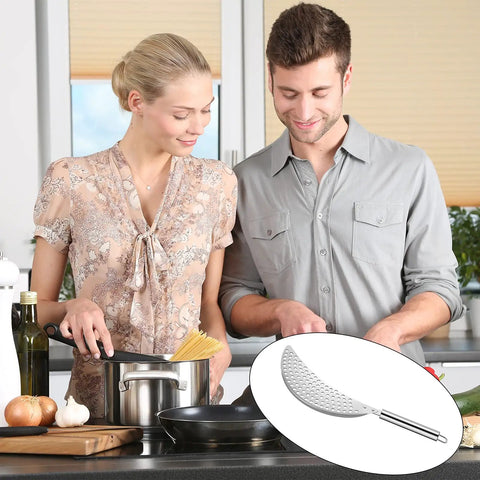Couple using 2 Pack Stainless Steel Pot Strainer Set With Safe Handles For Hands Free Drainage in kitchen