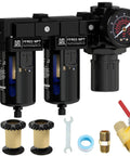 Air Drying System With Double Brass Filter And Regulator Three Eighth Inch NPT Pro Grade Compressed Air Regulator Combo With Five Micron Cartridges And Semi Auto Drain For Clean Dry Air