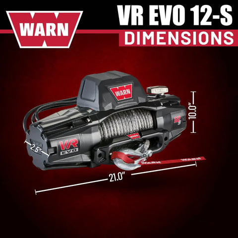 12,000 Lb Electric Winch For Trucks SUVs And Jeeps With Synthetic Rope 12V Heavy Duty Off Road Recovery Gear Built For Safe Handling And Beast Mode Spooling With Serious Pull Power. WARN VR EVO 12-S winch dimensions shown