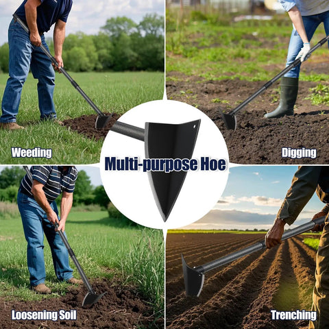 Beast Triangular Hoe With 15 To 60 Inch Adjustable Stainless Steel Pole used for weeding, digging, loosening soil, and trenching
