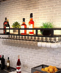 Heavy Duty Wall Mounted Wine Rack Featuring Premium Steel Construction Alongside Integrated Glass Storage Space Saving Profile, displaying bottles and glasses.