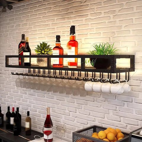 Heavy Duty Wall Mounted Wine Rack Featuring Premium Steel Construction Alongside Integrated Glass Storage Space Saving Profile, displaying bottles and glasses.