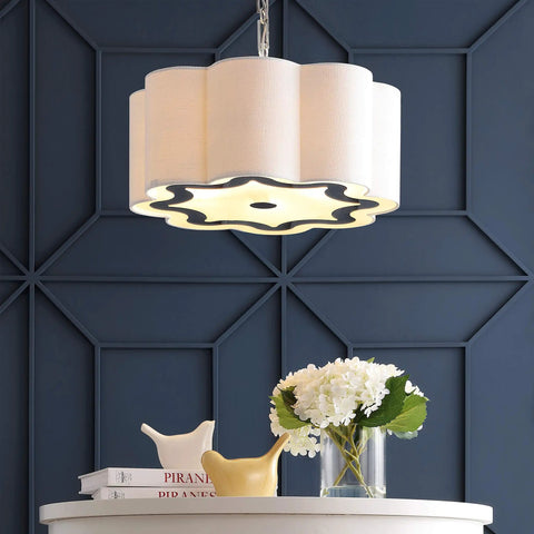Oil Rubbed Bronze 4 Light Iron Pendant Light With Adjustable Height Scalloped Gray Linen Shade Dope Look For Dining Room And Kitchen LED Bulbs Included And Ready To Install For A Quick Refresh, shown in living room atmosphere.