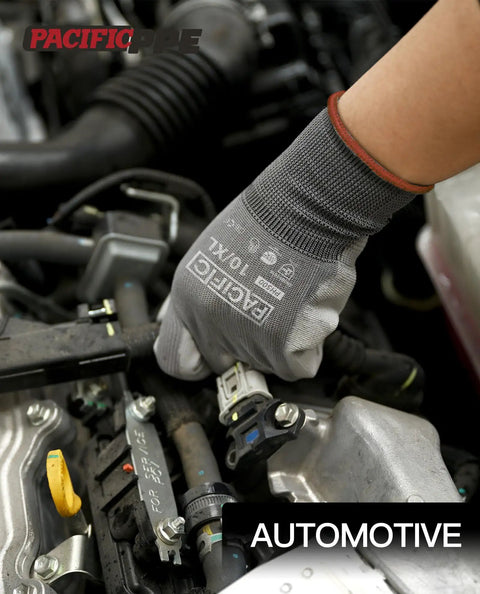 Hand wearing PU Coated Touchscreen Work Gloves 18 Pair Pack For Men And Women, Lightweight Mechanic Gloves, working on a car engine.