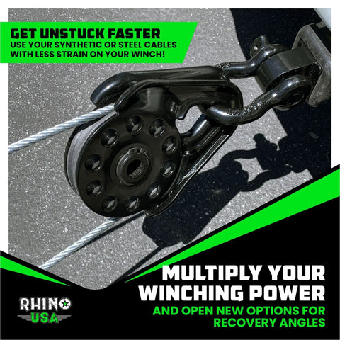 Heavy Duty Snatch Block For Winch Recovery 13.5 Ton Pulley With Aerospace Polymer Sheave And Powder Coated Drop Forged Steel Frame Built Tough For Synthetic Rope And Steel Cable Up To Three Eighths Inch American Owned Family Operated, black winch block with cable