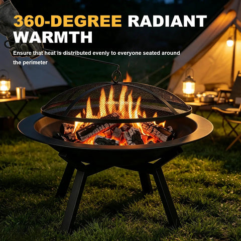 Heavy Duty Round Steel Wood Burning Fire Pit For Backyard And Patio Or Camping Bonfires 28 Inch Black Finish With mesh screen