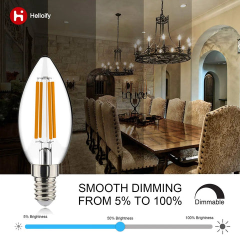 Dimmable Vintage LED Edison Candelabra Bulb 4 5W 60W Equivalent Warm White 2700K shown in dining room chandelier