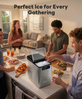 Top Shelf Countertop Nugget Ice Maker Crushing 40 Pounds Of Soft Chewable Ice Daily With Lightning Fast Five Minute Batches For Flawless Party Ready Drinks shown at a gathering with drinks and food.