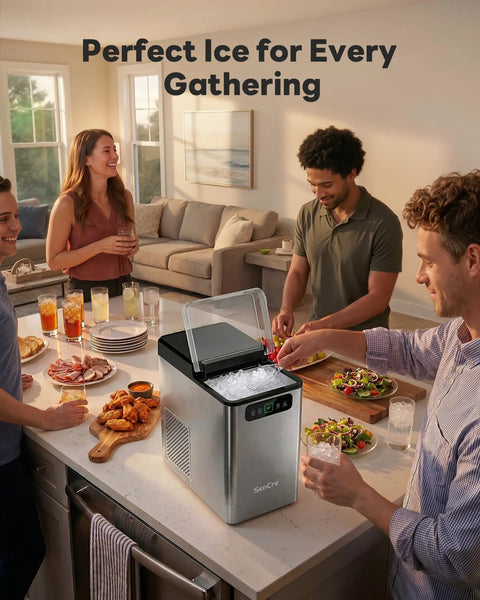 Top Shelf Countertop Nugget Ice Maker Crushing 40 Pounds Of Soft Chewable Ice Daily With Lightning Fast Five Minute Batches For Flawless Party Ready Drinks shown at a gathering with drinks and food.