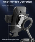 Two In One Car Phone Mount With Magnetic Clip For MagSafe And Android showing one-handed operation with clamp and magnetic snap.