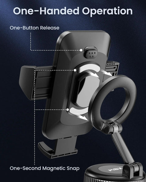 Two In One Car Phone Mount With Magnetic Clip For MagSafe And Android showing one-handed operation with clamp and magnetic snap.