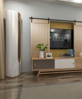 Living room showing a 6 Ft Mini Cabinet Barn Door Hardware Kit Sliding Double Door DIY Friendly Finish In Oil Rubbed Bronze For Cabinets