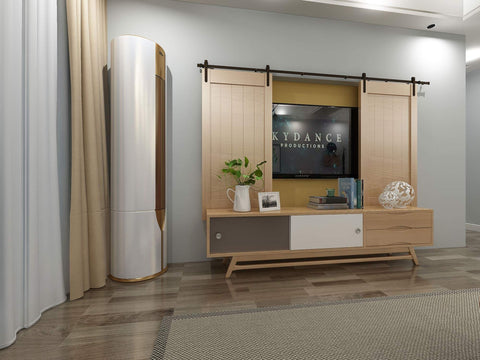Living room showing a 6 Ft Mini Cabinet Barn Door Hardware Kit Sliding Double Door DIY Friendly Finish In Oil Rubbed Bronze For Cabinets