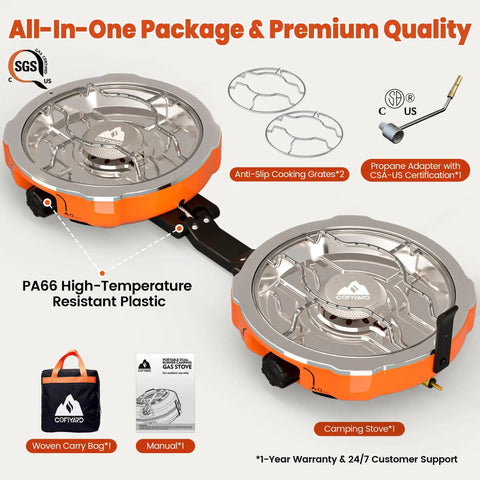 Powerful 20,000 BTU Dual Burner Propane Camping Stove, Portable Foldable Camp Stove With Adjustable Burners, Regulator And Carrying Bag