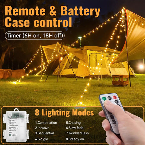 Battery Operated Globe String Lights 33ft With 100 LED Globes Remote Control 8 Modes And Timer lighting up a campsite tent.