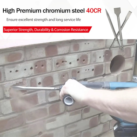 Person using Chisel And Point Bit Set For SDS Plus Rotary Hammers Demo Ready Tough As Nails Concrete And Tile Kit Three Piece on brick wall