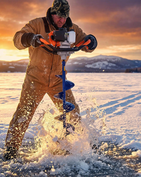 Person using Gas Powered 52Cc 2 In 1 Ice Auger And Earth Auger Kit with 10 Inch Ice Bit on frozen lake at sunset.