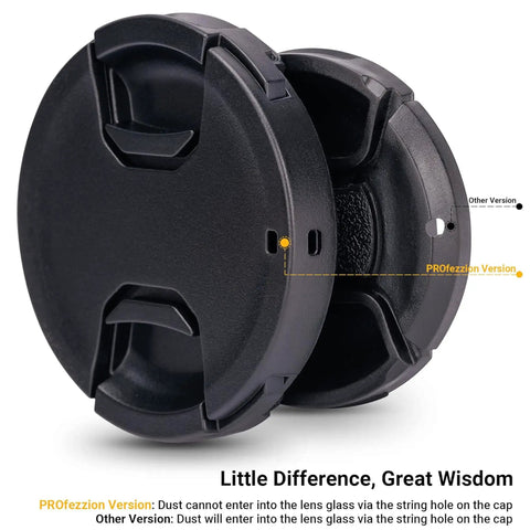 Two Pack 46mm Front Lens Cap With Deluxe Cap Keeper, Center Pinch Design, comparing PROfezzion and other versions