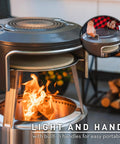 Bonfire Pi Fire Pizza Oven Accessory For Fire Pit with stainless steel build, visible flames, and cordierite pizza stone.