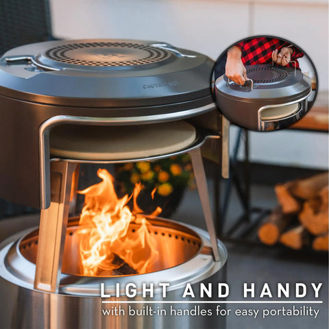 Bonfire Pi Fire Pizza Oven Accessory For Fire Pit with stainless steel build, visible flames, and cordierite pizza stone.