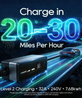 Level Two Ev Portable Charger For Tesla And Nacs Rides Offering Straight Plug Setup With 32 Amp 240V Power Via Nema 14 50 Outlet And 25 Foot Cord Adjustable Ampage with display showing miles per hour.