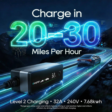 Level Two Ev Portable Charger For Tesla And Nacs Rides Offering Straight Plug Setup With 32 Amp 240V Power Via Nema 14 50 Outlet And 25 Foot Cord Adjustable Ampage with display showing miles per hour.