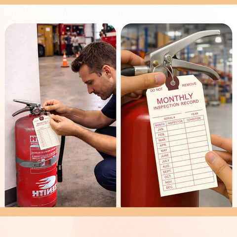 Must-Have Fire Extinguisher Inspection Tags 100 Pack With Wire Ties attached to extinguisher for monthly records and 2 year coverage
