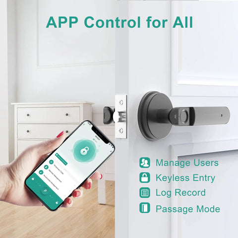 Person using smartphone app to control Dope Smart Fingerprint Door Lock With Biometric Access, Black Finish, App Control And Remote Unlock