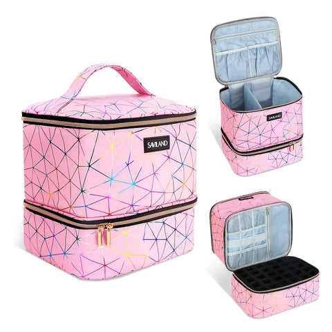 Holographic Pink Nail Polish Organizer Bag For 30 Bottles And UV Lamp Portable PU Leather Nail Tech Carrying Case