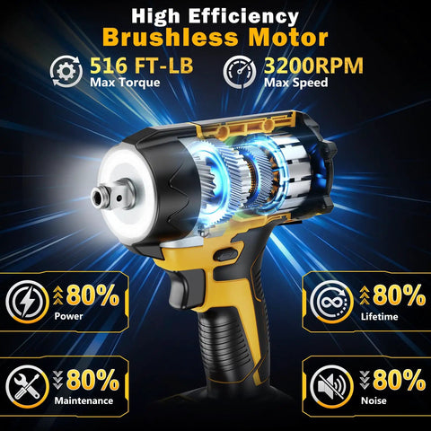 Heavy Hitter Cordless Impact Wrench Driven By A Rugged Brushless Motor Operating As A Versatile Drill Plus Screwdriver Combining To Deliver 516 Ft Lbs Of Serious Torque For Daily Grinds with high efficiency brushless motor and torque stats.