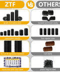 Comparison of ZTF grade 12.9 alloy steel set screws vs competitors; shows durability, sizes, and packaging differences.