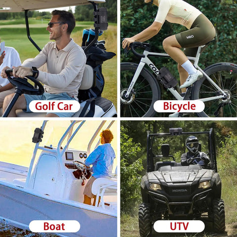 Portable Bluetooth Speaker Mount For Most Wireless Speakers on golf car, bicycle, boat, and UTV, showing various attachments