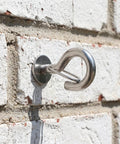 Heavy Duty Built To Last Stainless Steel M8 Hanger Bolts with large opening hooks mounted on brick wall for outdoor use