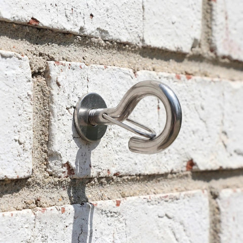Heavy Duty Built To Last Stainless Steel M8 Hanger Bolts with large opening hooks mounted on brick wall for outdoor use