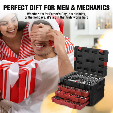 Heavy Duty 450 Piece Drive Socket Set With Quick Release Ratchet Wrench Includes Half Inch Quarter Inch And Three Eighths Inch Drives Chrome Finish For Rust Resistance Metric And Imperial Spanners And Bits Kit For Car Repair And DIY Mechanics in open case with drawers