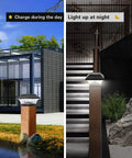 Solar Post Cap Lights Outdoor 4 Pack for 4x4 and 5x5 wooden posts, shown charging by day, illuminating deck steps at night.