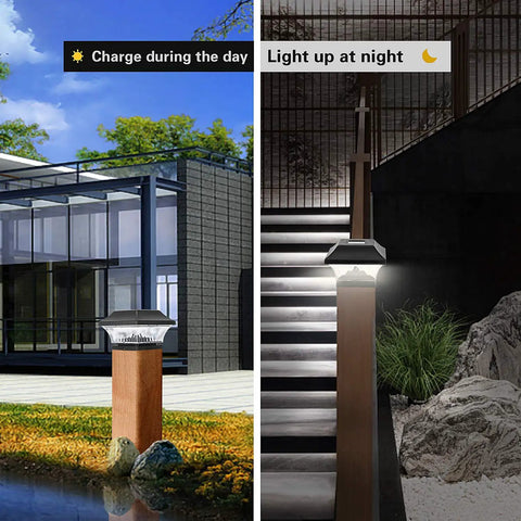 Solar Post Cap Lights Outdoor 4 Pack for 4x4 and 5x5 wooden posts, shown charging by day, illuminating deck steps at night.