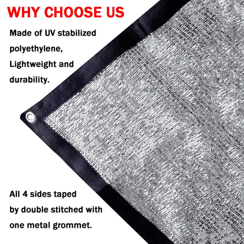 Close-up of Cooler Outdoor Shade Cloth With 85 Percent Aluminum Foil Mesh Reflective Sun Block Fabric 6.5 Ft By 10 Ft With Grommets detail.
