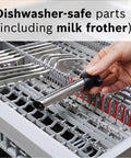 Fully Automatic Espresso Machine With Milk Frother System And Touch Control Panel Plus Cup Warmer placed in dishwasher with milk frother